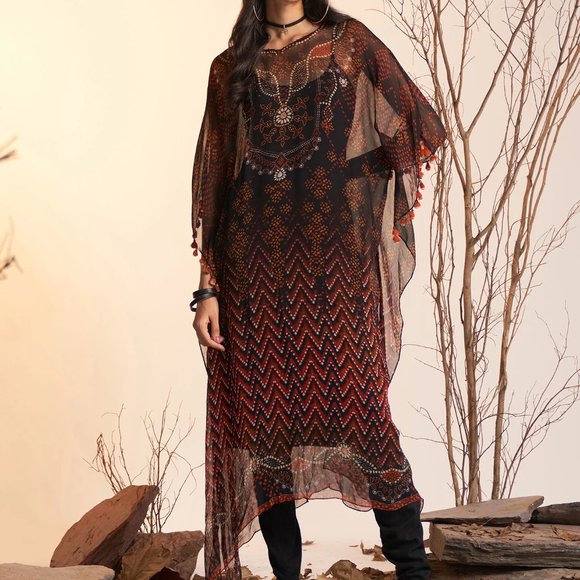 Ritu Kumar Designer Black Sheer Long Kaftan Tunic Dress - Picture 1 of 12